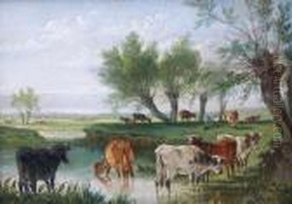 Eine Kuhherde Steht In Einer Furt Oil Painting by William Joseph Shayer