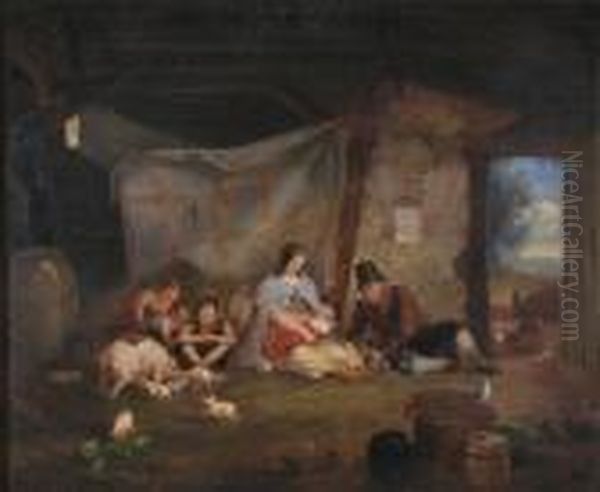 A Family Resting In A Barn With Piglets And Chickens Oil Painting by William Joseph Shayer