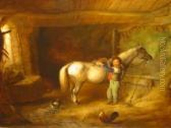 Barn Interior With Boy Saddling Up A Grey Pony Oil Painting by William Joseph Shayer