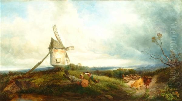 Shayer Cattle And A Logteamin A Landscape With Windmill Oil Painting by William Joseph Shayer