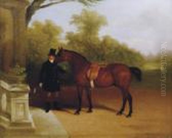 A Groom With A Bay Cob, At The Door Of A Mansion Oil Painting by William Joseph Shayer