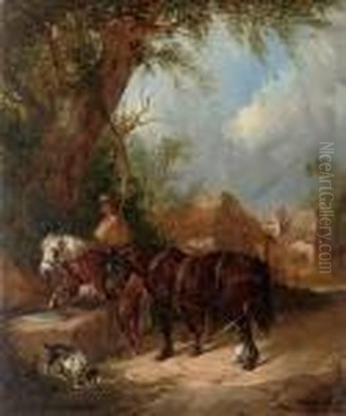 Horses Watering At The Trough Oil Painting by William Joseph Shayer