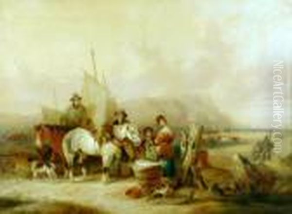 A Busy Fishing Scene With Figures, Horses, Cattle And Boats Oil Painting by William Joseph Shayer