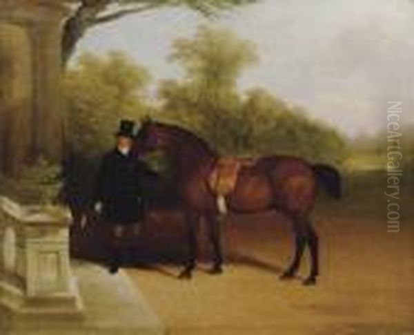 A Groom With A Bay Cob, At The Door Of A Mansion Oil Painting by William Joseph Shayer