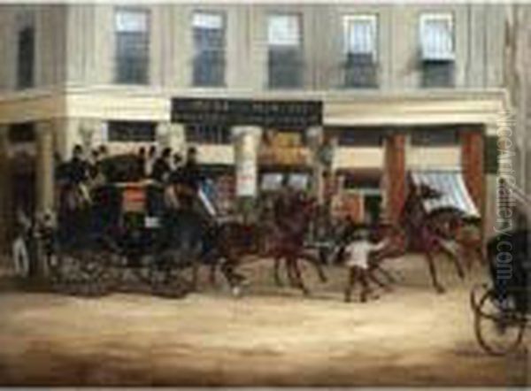 The Duke Of Beaufort's Coach Leaving The Bull And Mouth Coach Office For Brighton Oil Painting by William Joseph Shayer