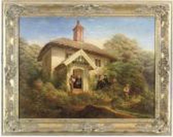 Figures Before A Thatched Cottage Oil Painting by William Joseph Shayer