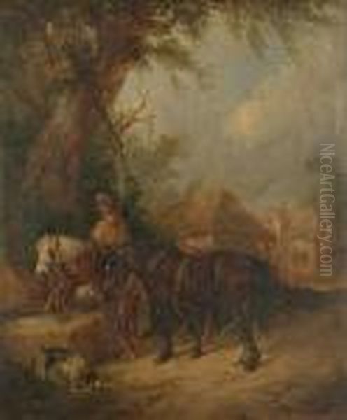 Horses Watering At A Trough Oil Painting by William Joseph Shayer