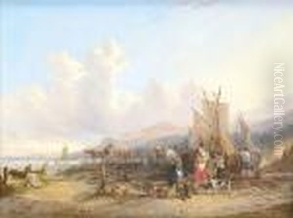 A Busy Beach Scene Oil Painting by William Joseph Shayer