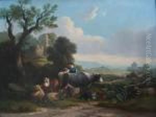 Country Scenes With Figures Tending Animals Oil Painting by Snr William Shayer