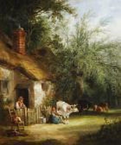 A Peasant Family Outside A Woodland Cottage Oil Painting by Snr William Shayer