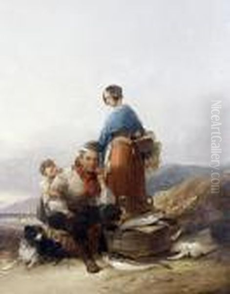 A Fisherman And His Family On The Shore Oil Painting by Snr William Shayer