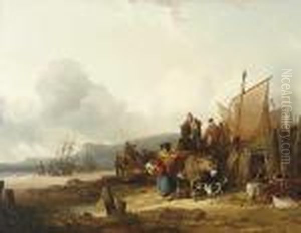 Unloading The Catch Oil Painting by Snr William Shayer