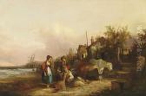 Fisherfolk On A Beach Oil Painting by Snr William Shayer