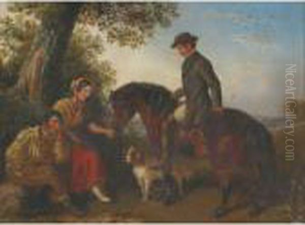 Gentleman Rider And His Dog Greeting A Gypsy Couple In Awood by Snr William Shayer