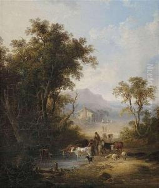 Cattle Herdat A Watering Hole, In The Background Extensive Landscape With Aninn. Oil Painting by Snr William Shayer