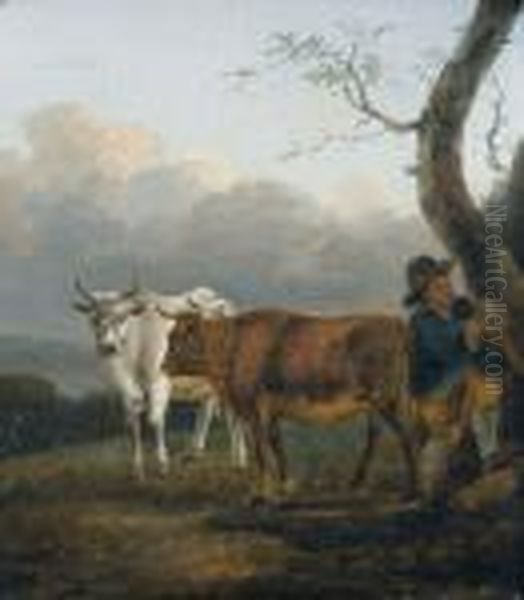 Bauernjunge Mit Zwei Kuhen Oil Painting by Snr William Shayer