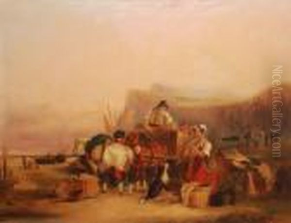 Fisherfolk On A Beach Oil Painting by Snr William Shayer