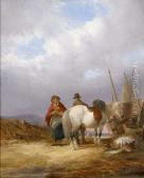 Fisherfolk With A Horse, Boats And Their Catch On A Beach Oil Painting by Snr William Shayer