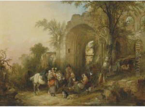 Travellers Resting By The East Window Of Netley Abbey Oil Painting by Snr William Shayer