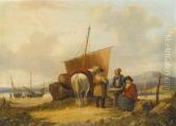 Fisher Family At The Shore Oil Painting by Snr William Shayer