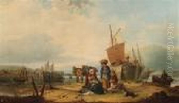 Fisherfolk On The Shore Oil Painting by Snr William Shayer