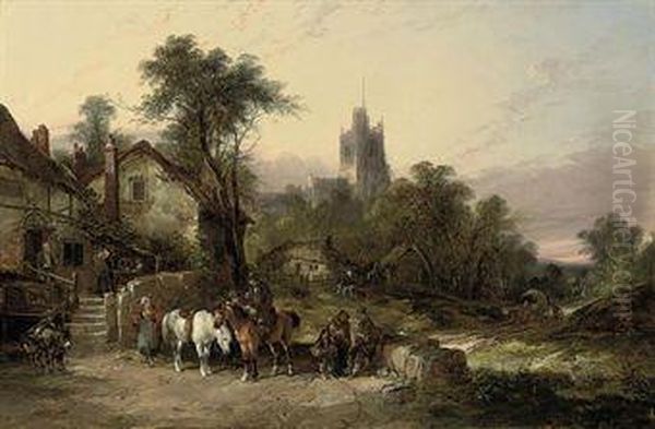 Carousing Outside The Royal Oak Inn Oil Painting by Snr William Shayer