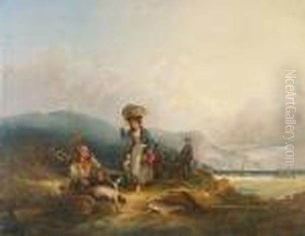 Fisherfolk And Their Catch By The Sea Oil Painting by Snr William Shayer