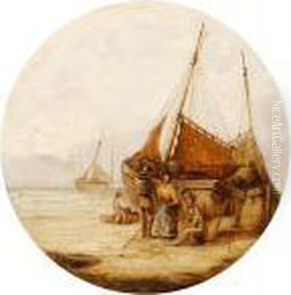 Coastal Luggers On The Beach Oil Painting by Snr William Shayer