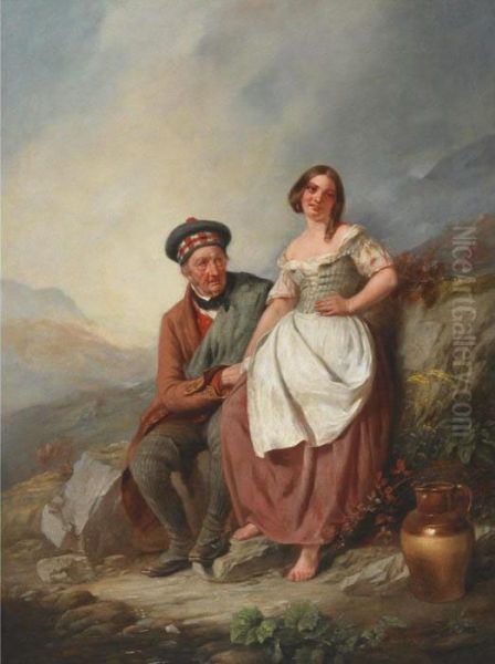 Scottish Lass With An Elder Highlander In A Mountainouslandscape Oil Painting by Snr William Shayer