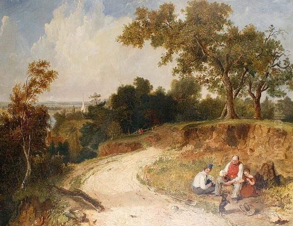 Taking Refreshment By The Side Of A Countryroad Oil Painting by Snr William Shayer