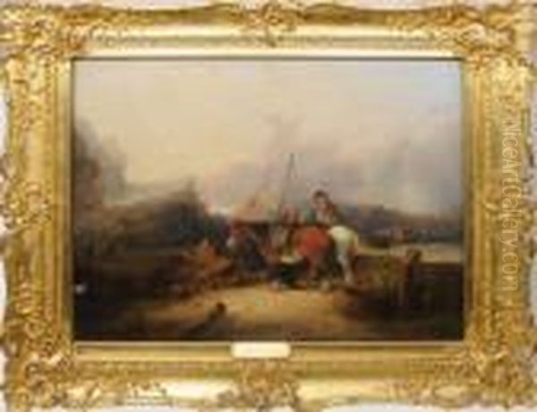 Fisher Folk On The Beach, Shirley, Near Southampton. Oil Painting by Snr William Shayer