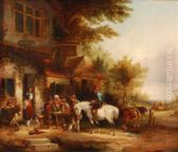 Figures And Horses Outside A Tavern Oil Painting by Snr William Shayer