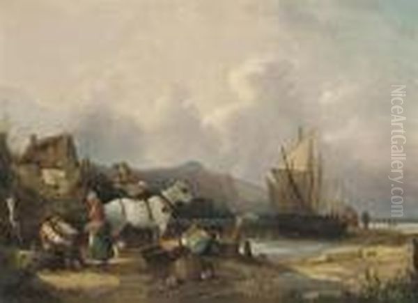 Fisherfolk On The Beach, Unloading The Catch Oil Painting by Snr William Shayer