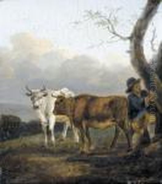 Bauernjunge Mit Zwei Kuhen. Oil Painting by Snr William Shayer