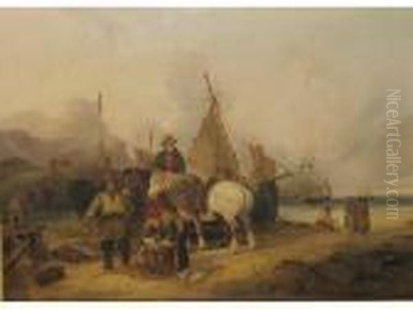 Fisherfolk On A Beach With Sailing Vessels Beyond Oil Painting by Snr William Shayer