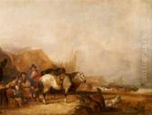 Figures Near Port Oil Painting by Snr William Shayer