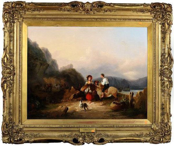 Peasant Figures, Fisherfolk And Country Folk At A Waters Edge Oil Painting by Snr William Shayer