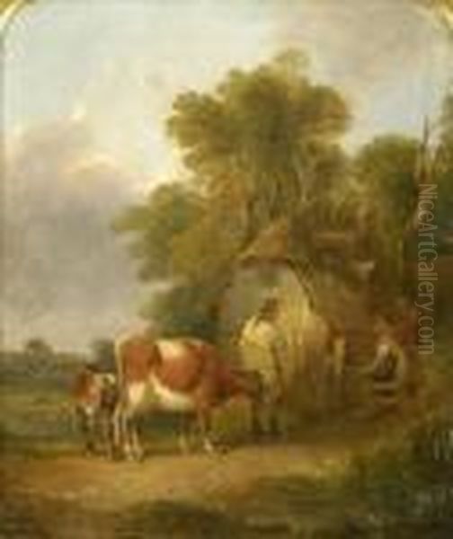 Figures With Cow And Calf At A Cottage Gate Oil Painting by Snr William Shayer