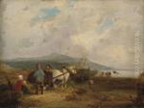 Kelp Gatherers On A Beach With Boats Beyond Oil Painting by Snr William Shayer