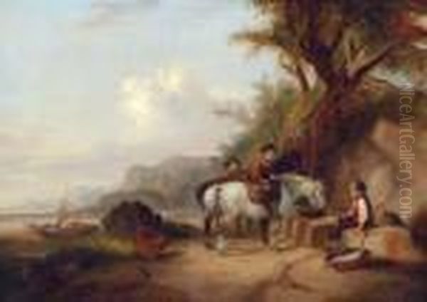 Horses And Figures On A Beach Oil Painting by Snr William Shayer