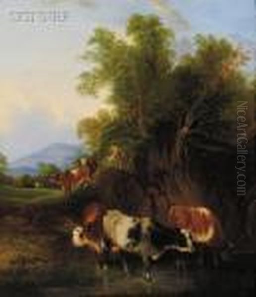 Cattle And Drovers Heading To A Stream Oil Painting by Snr William Shayer