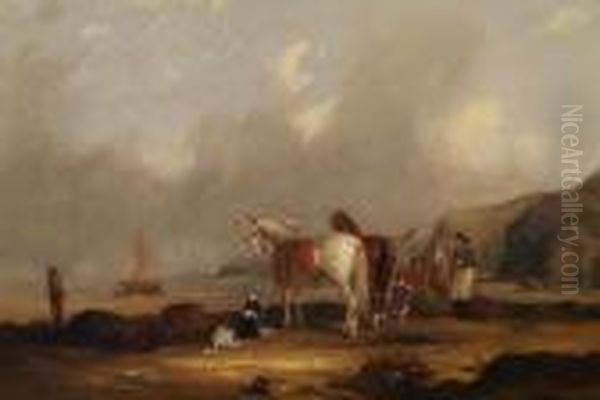 Fisherfolk And Horses On The Shore Oil Painting by Snr William Shayer