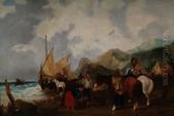 Fisherfolk On The Shore Oil Painting by Snr William Shayer