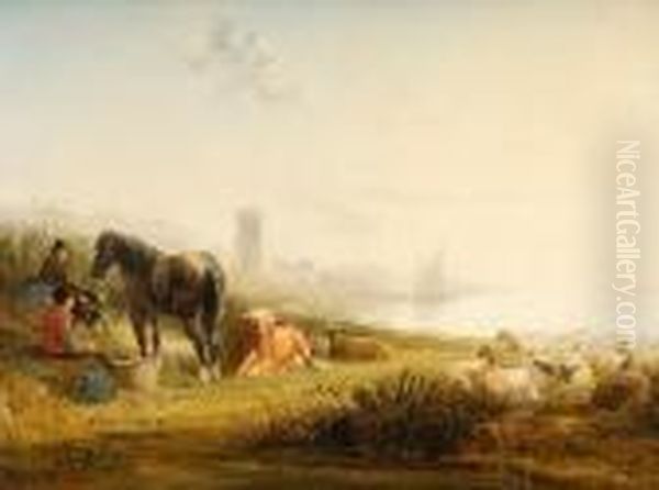 Travellers With Horse, Sheep And Cattle, Bythe Coast Oil Painting by Snr William Shayer