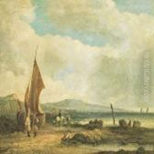 People And Boats By The Coast Oil Painting by Snr William Shayer