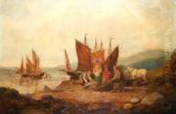 Fisherfolk On The Shore Oil Painting by Snr William Shayer