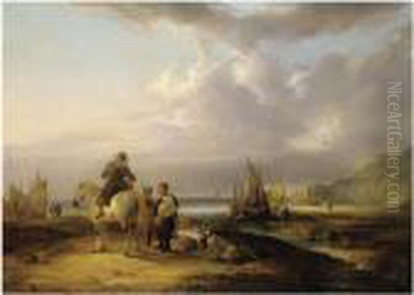 A Horseman Conversing With Two Fishermen Oil Painting by Snr William Shayer