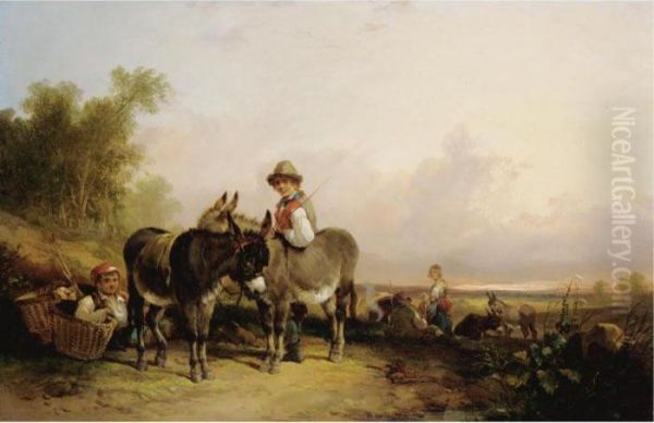 Boys And Donkeys Resting Along A Wayside Oil Painting by Snr William Shayer