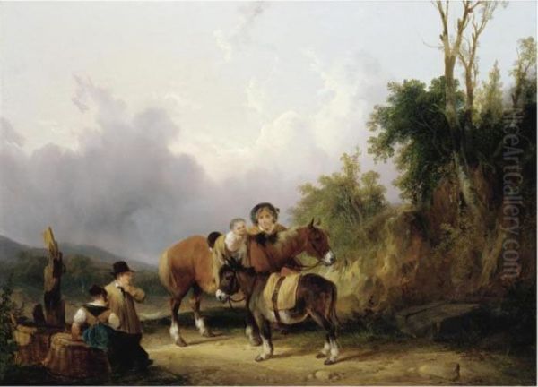 Peasant Family With A Baby Atop A Horse Oil Painting by Snr William Shayer