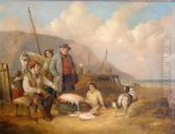 Fisherfolk On The Shore Oil Painting by Snr William Shayer